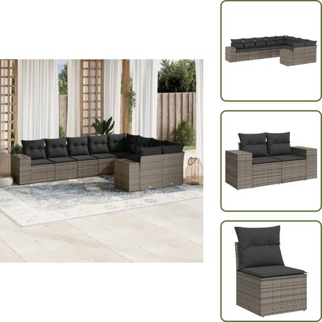 The Living Store 9-tlg. Garten-Sofagarnitur mit Kissen Grau Poly Rattan - Gartensessel (1/5)