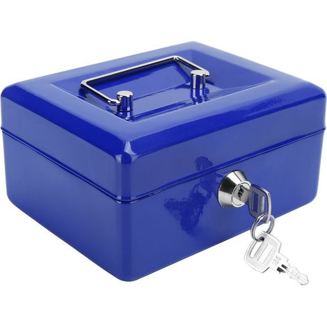 Coffre-fort portable de 15 cm avec serrure à clé, bleu, pour la maison ou le bureau. (1/5)