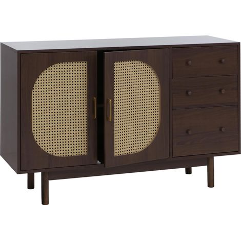 Sideboard HHG-909, Schrank Kommode Highboard, Schubladen Staufächer, Poly-Rattan MDF Melamin 80x120x40cm Walnuss-Optik