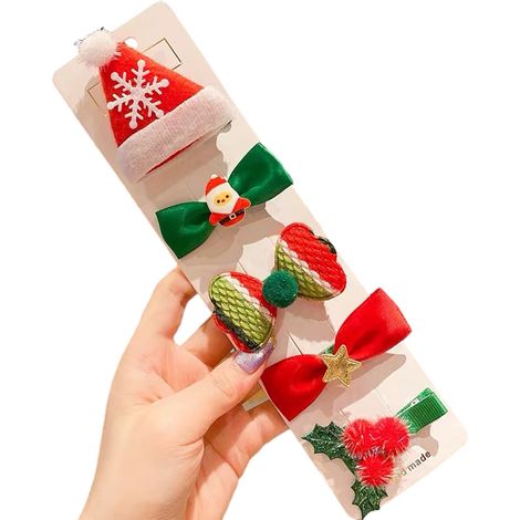 5 Pinces à cheveux, Nœuds festifs, Motif renne, Bois, Fille, Noël (1/5)