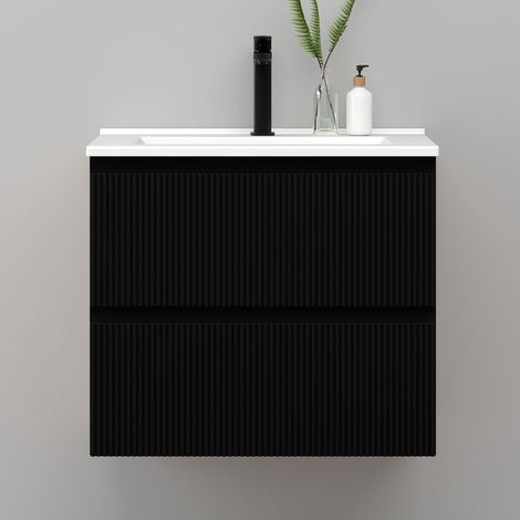 Meuble de salle de bain suspendu Strié 60cm avec simple vasque + 2 tiroirs, Noir