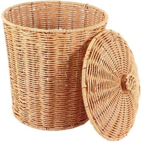 Panier de Rangement en Osier Naturel avec Couvercle Poubelle Ronde Décorative