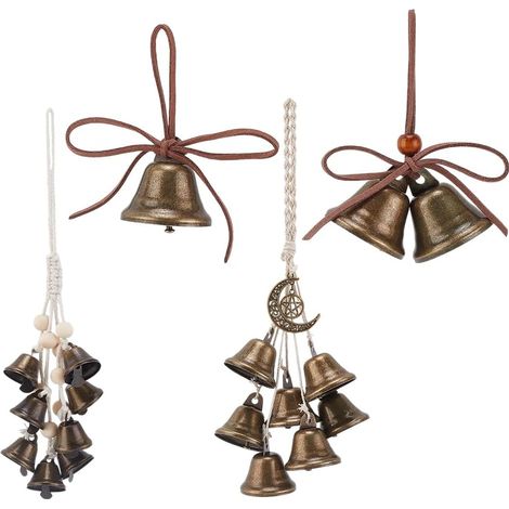 4pcs Cloches Suspendues de Noël Cloches Vintage Rustiques Carillons Éoliens de Décor Cloches Magiques en Métal avec Corde de Suspension pour Halloween Noël Maison Jardin Poignée de Porte (1/5)