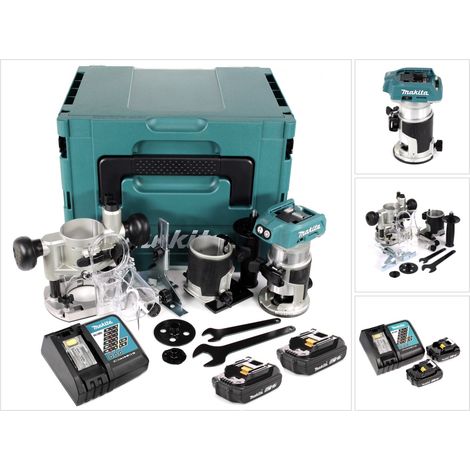 Fresadora multifunción sin cable Makita DRT 50 RAJ X2 18 V sin escobillas + 2x batería recargable 2.0 + cargador + módulos de fresado + Makpac