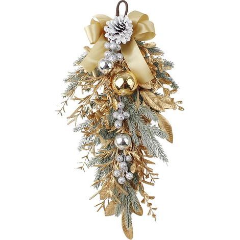 Christmas Wreaths for Front Door, Gold Christmas Teardrop Swag with Pinecone Gold Ball Ornaments Branches Berries for Fireplace Window Table Centerpiece Xmas Decor (1/3)