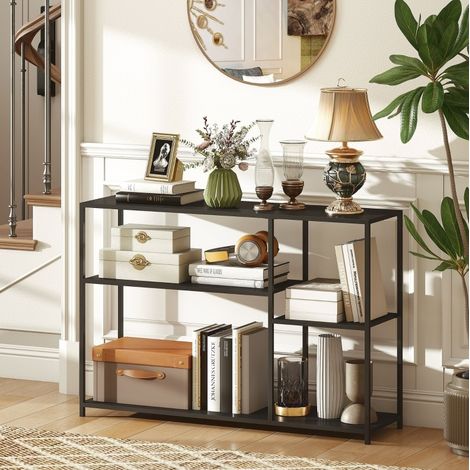 Console 110x30x75 cm noire en acier au style industriel avec 4 étagères et structure stable (1/5)