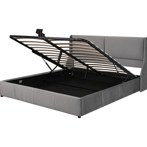 Cama con canapé hidráulico 160 x 200 cm gris de terciopelo con cabecero orejero MODENUIT (1/5)