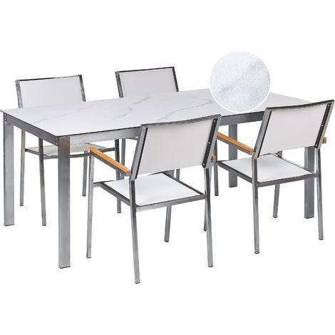Conjunto de jardín moderno 4 plazas de acero inoxidable mesa comedor tablero de vidrio efecto mármol sillas de textileno blanco Cosoleto/Grosseto