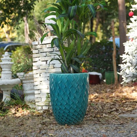 Grand vase de jardin en terre cuite émaillée, Ø42 x H54 cm, bleu turquoise brillant à motif géométrique, poreux, anti-gel, avec évacuation d'eau, idéal pour plantes extérieures et intérieures. (1/5)