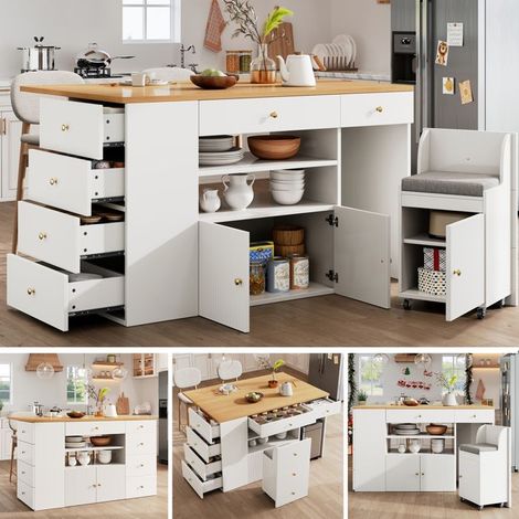 Îlot de cuisine, buffet avec tabourets de bar, meuble de cuisine à 6 tiroirs et tabourets, largeur réglable, 140x40(70)x89 cm, blanc (1/2)