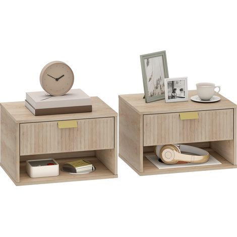 HOMCOM Floating Bedside Tables Set of 2 with Fluted Drawer Open Shelf Oak