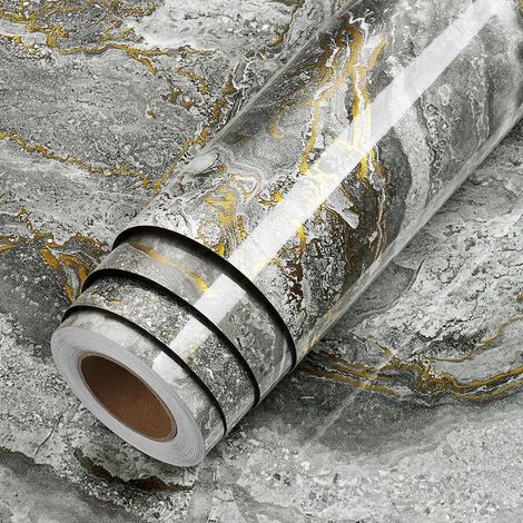 Papier Adhesif pour Meuble Effet Marbre Vinyle Adhésif Gris Foncé Or 40 cm x 200 cm Revêtement Adhésif Meuble Cuisine 0 virgule 8 m (1/4)