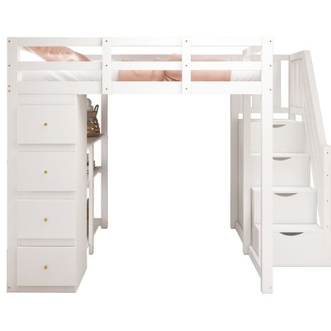 Lit Mezzanine 140 x 200 cm avec 4 Tiroirs, Étagères et Échelle avec Rangement, sans Matelas, en Bois, Blanc (1/5)