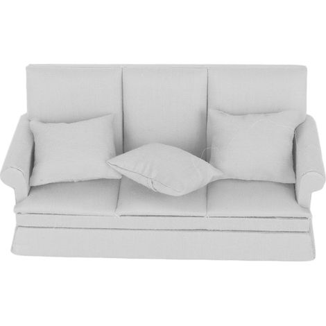 Canapé miniature 1:12 pour maison de poupée avec 3 coussins, meuble salon en bois, accessoires de décoration gris (1/5)
