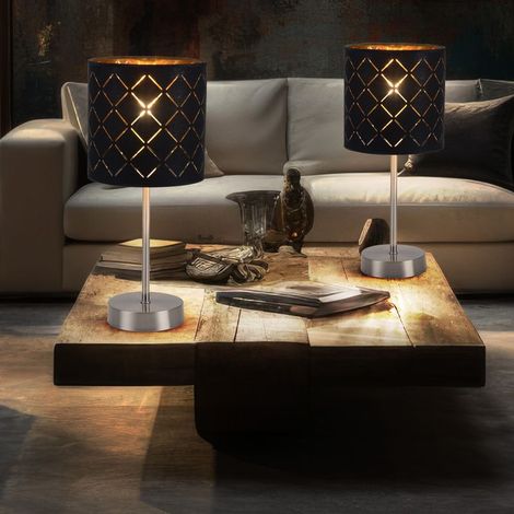 Lot de 2 lampes de chevet liseuses ACKERMAN or noir – abat-jour textile noir et doré – IP20 – ampoules LED incluses – 35 cm (1/5)