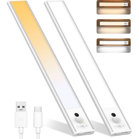 Kaelt - LAN Réglette et spot de cuisine et meuble 2pcs Capteur de mouvement PIR intérieur LED veilleuse sous armoire USB sans fil batterie rechargeable placard cuisine placard armoire lumière-argent (1/5)