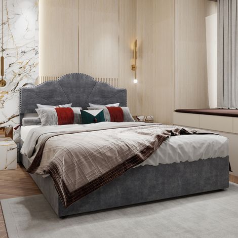 Letto contenitore per adulti 140×200 cm, letto matrimoniale imbottito, idraulico, rete a doghe, senza materasso, tessuto, grigio (1/5)
