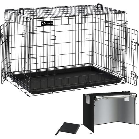 VOUNOT Jaula para Perros de Alambre Metálico de 2 Puertas, Caja para Perros con Cubierta, Perrera Plegable 107x70x78cm