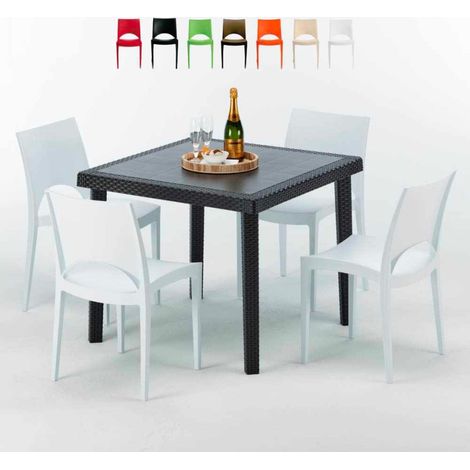 Table Carrée Noire 90x90cm Avec 4 Chaises Colorées Grand Soleil Set Extérieur Bar Café Paris Passion - Blanc (1/5)
