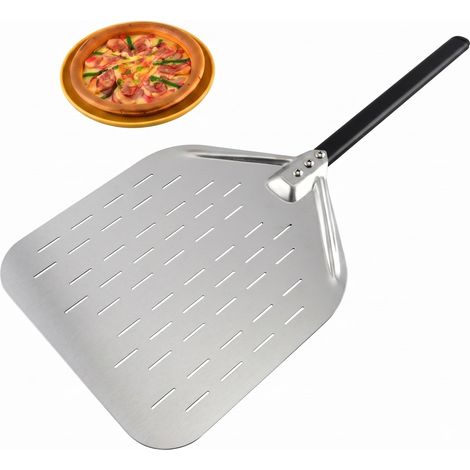 Pelle à pizza perforée 39,5 x 30 x 2 cm – Pelle à pizza en aluminium avec poignée en bois amovible, légère, et spatule à pizza pour four, accessoires à pizza (noir) (1/5)
