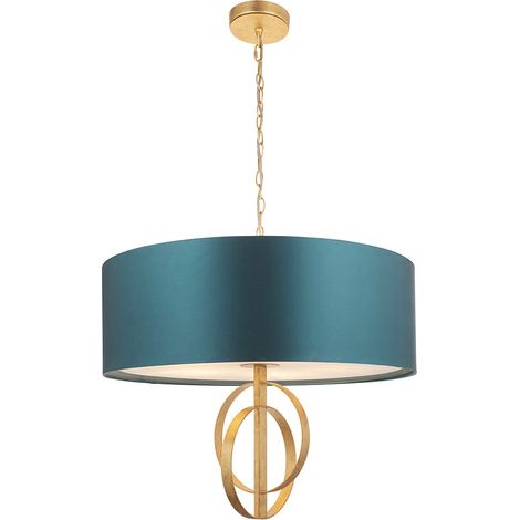 Merano Trento Plafonnier à 5 ampoules Feuille d'or antique et tissu satiné bleu sarcelle