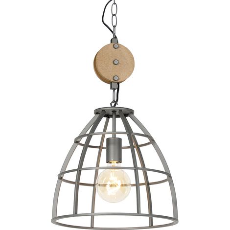 QAZQA Industrial Lámpara colgante inteligente gris oscuro con madera 34 cm con Wifi G95 - Arthur /Acero Redonda Adecuado para LED Max. 1 x 4.9 Watt (1/5)