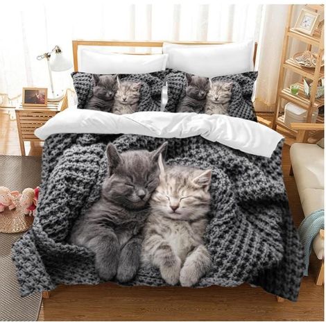 Parure de Lit Chat Imprimé Motif 90x190cm Housse de Couette avec 2 Taies d'oreiller 3D Animal Literie en Microfibre 2 chats - B9W (1/4)
