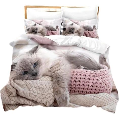 Housse de couette imprimée chat mignon avec 2 taies d'oreiller, literie 3D pour animaux de compagnie 180x210cm (1/5)