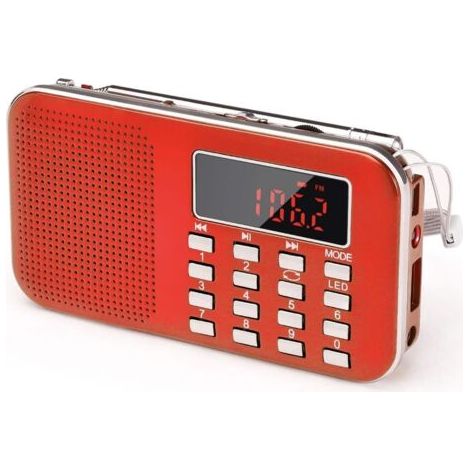 J-908 Poste Radio Portable AM/FM, Petite Radio Portable Rechargeable avec Batterie Rechargeable de 1200mAh, Transistor Radio avec éClairage de Secours, Mini USB/SD/AUX(Rouge) (1/4)