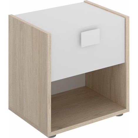 Table de chevet Table de nuit enfant coloris chêne/blanc - Longueur 40 x Hauteur 42 x Profondeur 33 cm -PEGANE- (1/5)