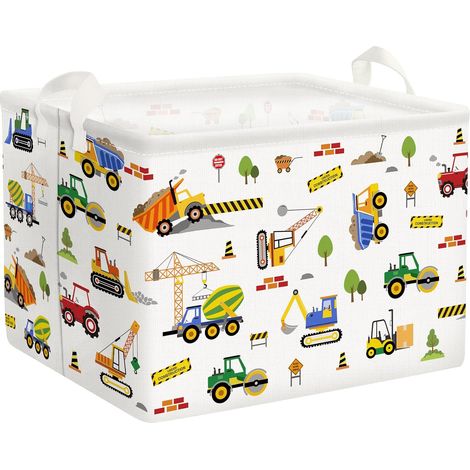 Cesta rectangular beige , con temática de vehículos de ingeniería, 40x30x30 cm, para habitación infantil. (1/4)