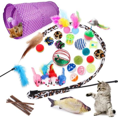 Tunnel pour Chat Pliable – Grand Kit 28 Pièces de Jouets pour Chats d’Intérieur, Plumeau, Balles à Clochette, Ressorts et Souris Interactifs (1/5)