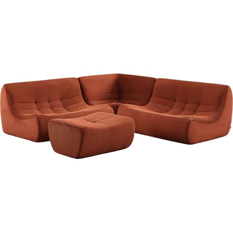 sweeek - Modulares 5-Sitzer Ecksofa mit 5 Cordbezug und Hocker, Cord, Terrakotta