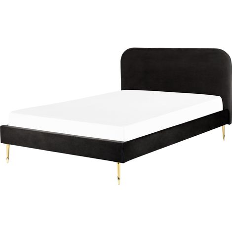 Cama con somier de terciopelo negro dorado 160 x 200 cm patas de metal Flayat