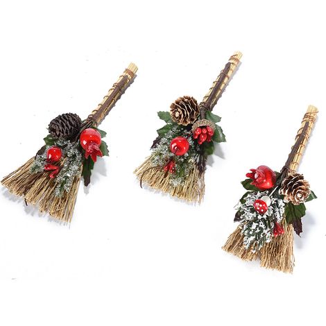 Mazzolini natalizi decorativi con scopetta e decorazioni innevate con bacche / pigne, set da 12 pezzi, cm 13 H