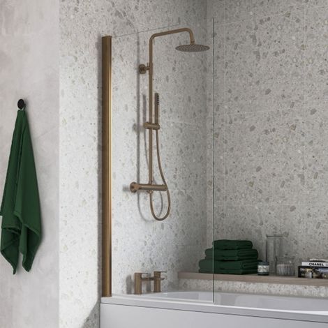 Signature Brushed Bronze Profile Single Straight Square Bath Screen 1500mm H x 800mm W - 6mm Glass