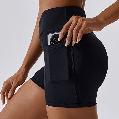 Short de yoga taille haute croisée, poche latérale, coupe slim, tendance et élégant, couleur unie, noir, taille 12/L (1/4)