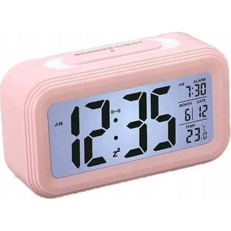 Reloj despertador digital LED multifuncional, reloj inteligente con luz, indicador de temperatura, calendario perpetuo, color rosa. (1/4)