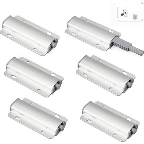 Lot de 6 ouvre-portes à pression en aluminium Push to Open - Avec vis - Amortisseur - Fermeture magnétique - Pour portes, placards, portes de balcon (1/5)