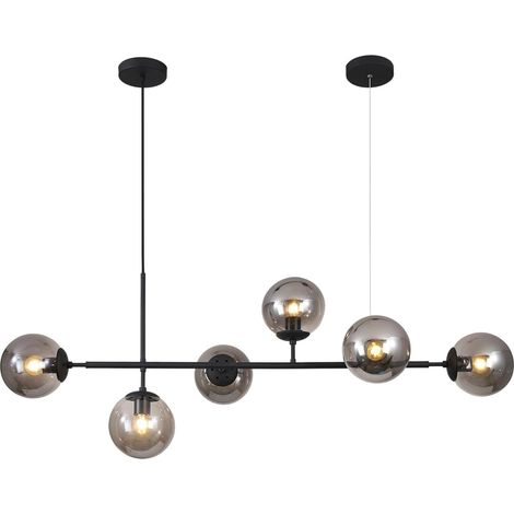 Lustre De Salon Moderne Noir Avec 6 Lumières, Globes en Verre Gris Fumé Luminaire de Cuisine Suspendu Pour L'îlot de Cuisine, La Salle à Manger, Le Salon (1/5)