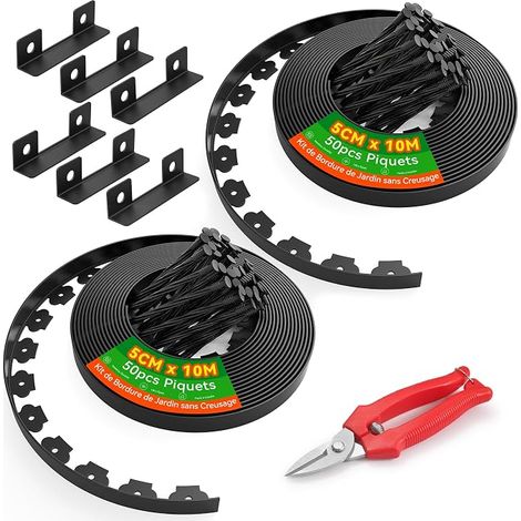 5cm Haut 20m Bordure Jardin sans Creuser avec 100 Piquets Plastique 20cm, 6 Connecteurs et Cisailles – Kit Jardin, Pelouse, Massifs Fleurs et Cour (1/5)