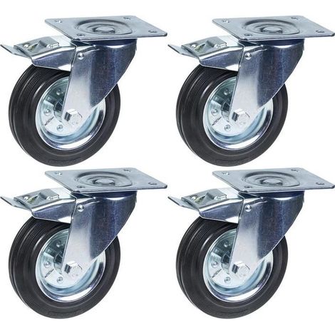 Rollstuhl - 200mm - Schwarzer Gummi - Schwenkbar mit Bremse - Set von 4