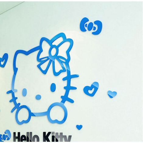 Sticker mural 3D en acrylique représentant une adorable tête de chaton rose de dessin animé, idéal pour une chambre d'enfant ou une table de chevet. Taille moyenne. Inscription « KT Cat » bleu ciel et (1/5)