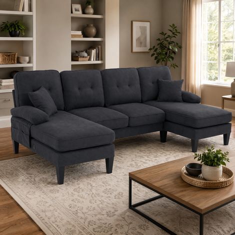 Divano U 250 x 130 x 88 cm in lino grigio scuro con due chaise longue e porte USB (1/5)