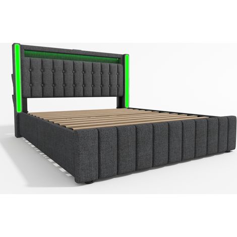 Cama 140 x 200 cm con cajones, LED, USB-C y somier de lamas gris MODENUIT (1/5)