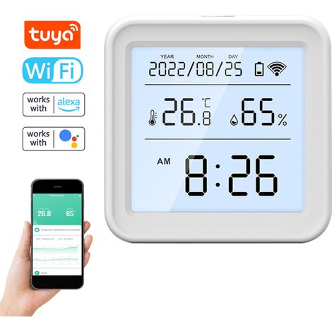 Tuya WLAN-Temperatur- und Feuchtigkeitssensoren, App-Fernüberwachung, Hintergrundbeleuchtung, kompatibel mit Google Home Sprachsteuerung