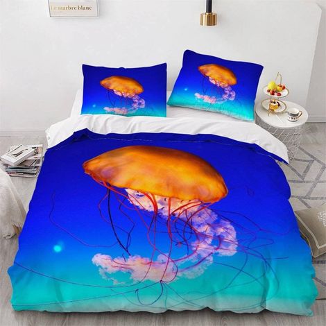 Housse de Couette 140x200 Enfant Méduse Parure de Lit 1 Personne Microfibre Housse de Couette Océan Bleu 3D Imprimé Literie Set 3 Pièces avec Fermeture Éclair - 140x200+2x50x75 (1/5)