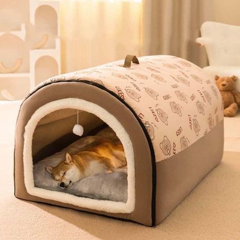 Niche pour Chien 2 en 1 avec Coussin Doux et Chaud, XXL:75x50x50cm,Lit pour Animaux Non-Adhérent pour Chiens et Chats,brun (1/5)