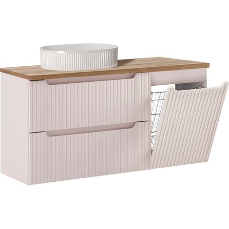 Waschtischunterschrank mit einem Waschbecken (120 cm), Wäschekorb und 2 Schubladen – Modell „Riva“ in Kaschmir und Holz (1/5)