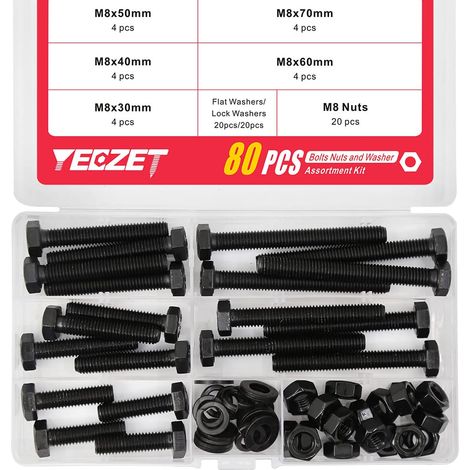Lot de 20 vis à tête hexagonale M8 boulons et écrous plats et rondelles de verrouillage en alliage d'acier de qualité 8.8 (30mm 40mm 50mm 60mm 70mm) (1/5)